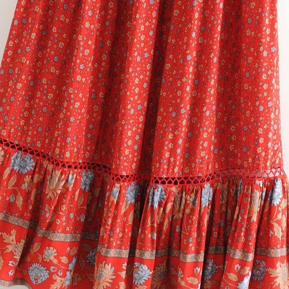 Boho Red gypsy floral print ruffle Maxi Skirt - Picture 8 of 9
